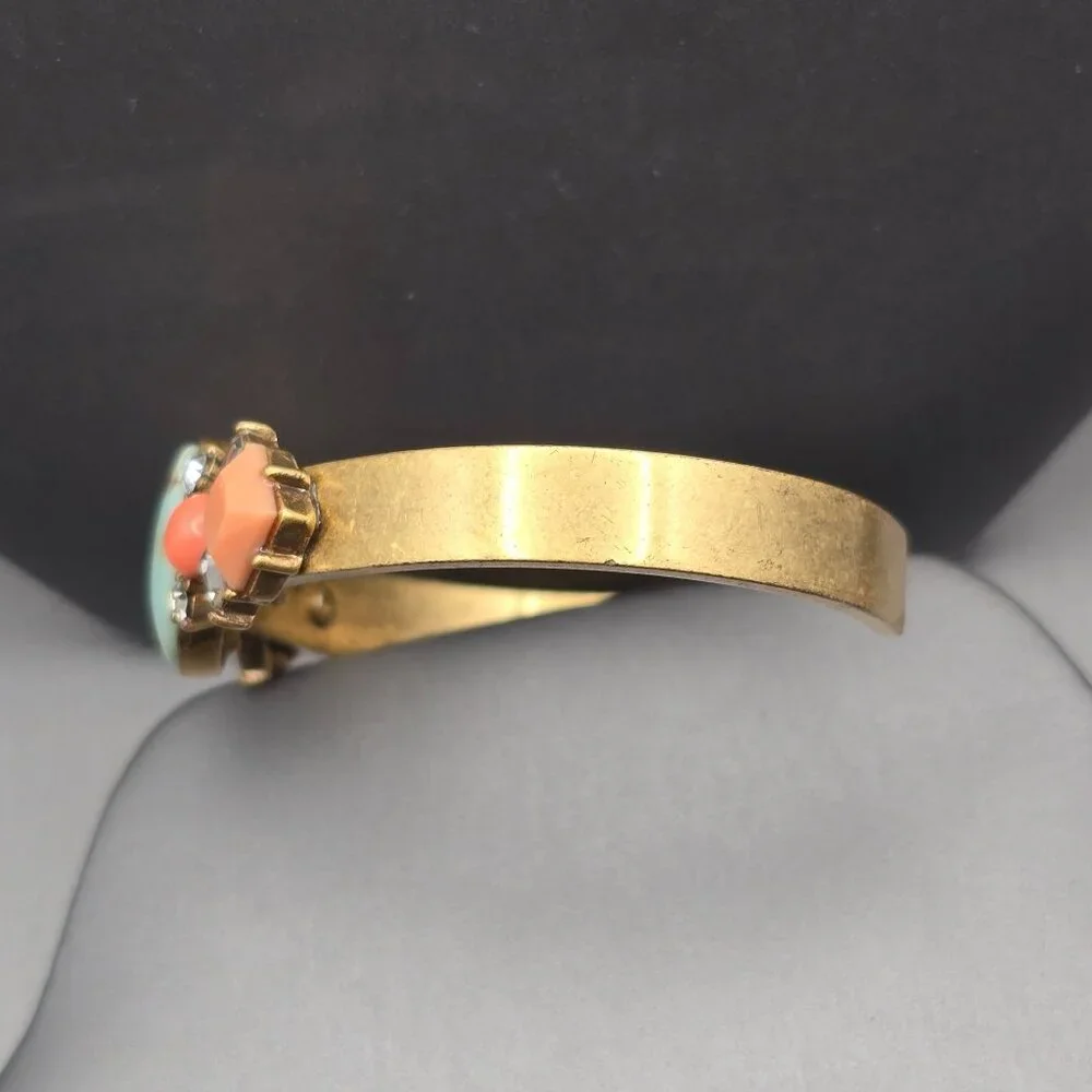 J Crew Antique Gold Tone Cuff Bracelet Faux Coral & Turquoise Stones Rhinestones - Picture 6 of 9